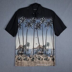 Vintage Pierre Cardin Hawaiian Shirt Mens Medium Black Rayon Tropical Palm Trees